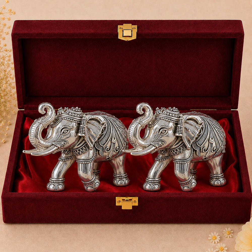 999 Silver-Plated Antique Elephant Pair | Premium Gift Box | 10x13 CM