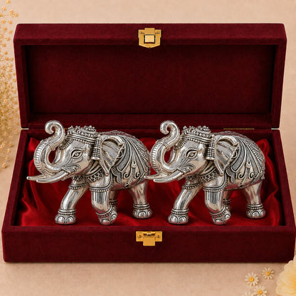 999 Silver-Plated Antique Elephant Pair | Premium Gift Box | 10x13 CM