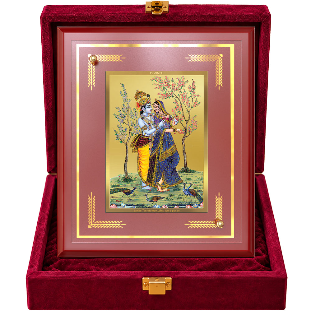 24K Gold-Plated Radha Krishna & Peacock MDF Frame | Premium Gift Box | 26x20 CM