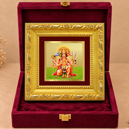 24K Gold-Plated Lord Panchmukhi Hanuman Frame | Premium Gift Box | 10x10 CM