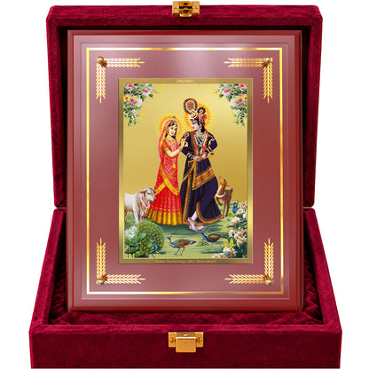 24K Gold-Plated Radha Krishna with Cow MDF Frame | Premium  Gift Box | 27x35 CM