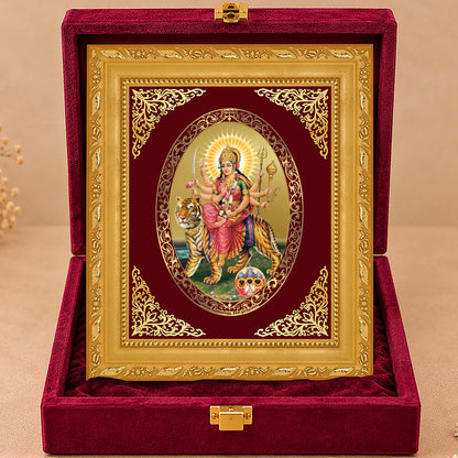 24K Gold-Plated Sherawali Mata with Pind Frame | Premium Gift Box | 21.5x17.5 CM