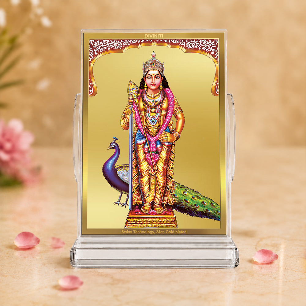 24K Gold-Plated Lord Murugan Acrylic Car Dashboard Frame | 11x7 CM