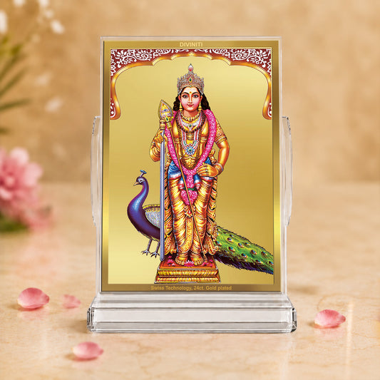 24K Gold-Plated Lord Murugan Acrylic Car Dashboard Frame | 11x7 CM