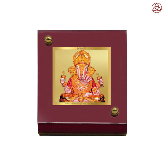 DIVINITI 24K Gold Plated Foil Dagru Ganesha Frame For Car Dashboard & Home Decor Showpiece (MDF 1B)(5.5 x 6.5 CM)