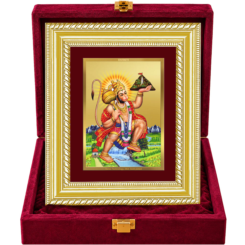 24K Gold-Plated Lord Hanuman Ji with Sanjeevani Mountain Frame | Premium Gift Box | 21.5x17.5 CM