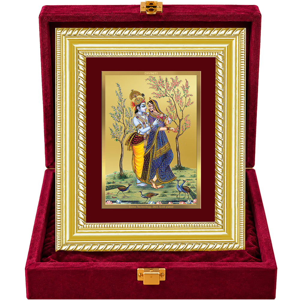 24K Gold-Plated Radha Krishna with Peacock Frame | Premium Gift Box | 21.5x17.5 CM