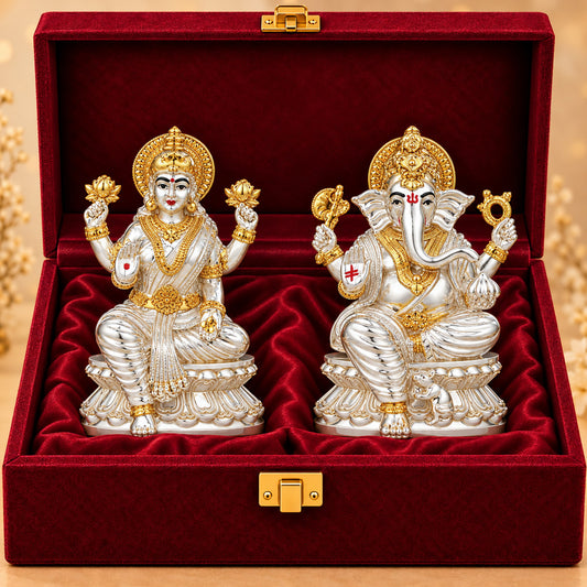 999 Silver-Plated Dual-Tone Lakshmi Ganesha Idol | Premium Gift Box | 9x12CM