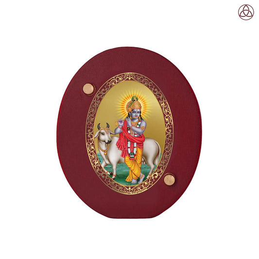 Krishna with Surbhi Cow Car Dashboard & Tabletop Photo Frame in 24K gold plated royal foil