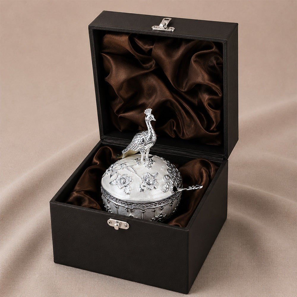 Diviniti Luxury Silver-Plated Peacock Sugar Bowl | Elegant White Lidded Serving Pot for Festive Gifting