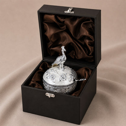 Diviniti Luxury Silver-Plated Peacock Sugar Bowl | Elegant White Lidded Serving Pot for Festive Gifting