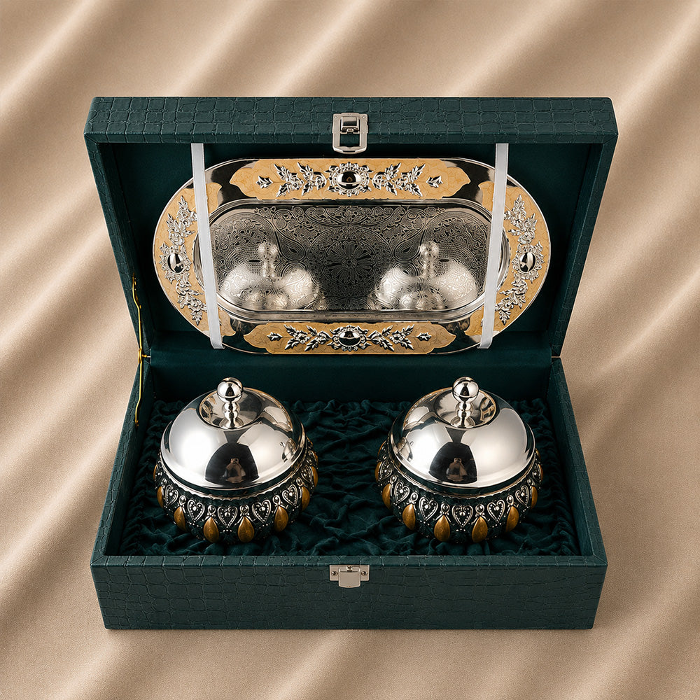 Diviniti Silver-Plated 2 Bowl Serving Set with Tray & Lids | Elegant Peach Enamel Dry Fruit & Mukhwas Bowls for Premium Gifting