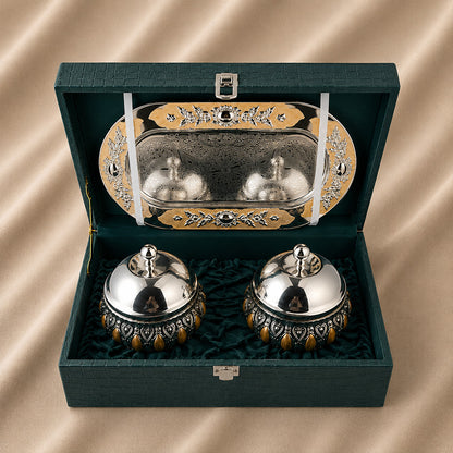 Diviniti Silver-Plated 2 Bowl Serving Set with Tray & Lids | Elegant Peach Enamel Dry Fruit & Mukhwas Bowls for Premium Gifting