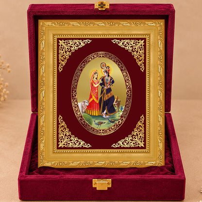 24K Gold-Plated Radha Krishna with Cow Frame | Premium Gift Box | 16x13.5 CM