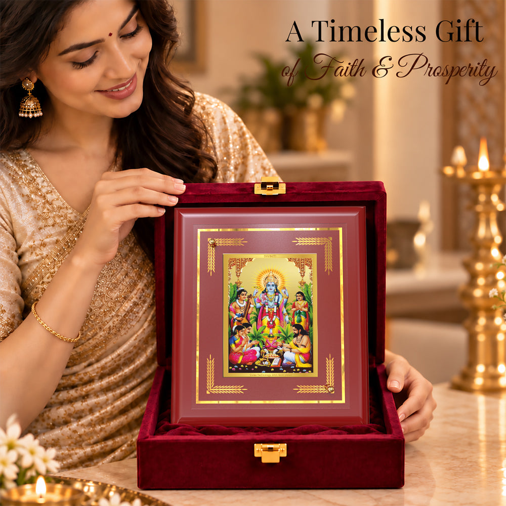 24K Gold-Plated Lord Satya Narayan MDF Frame | Premium Gift Box | 13.5x16 CM
