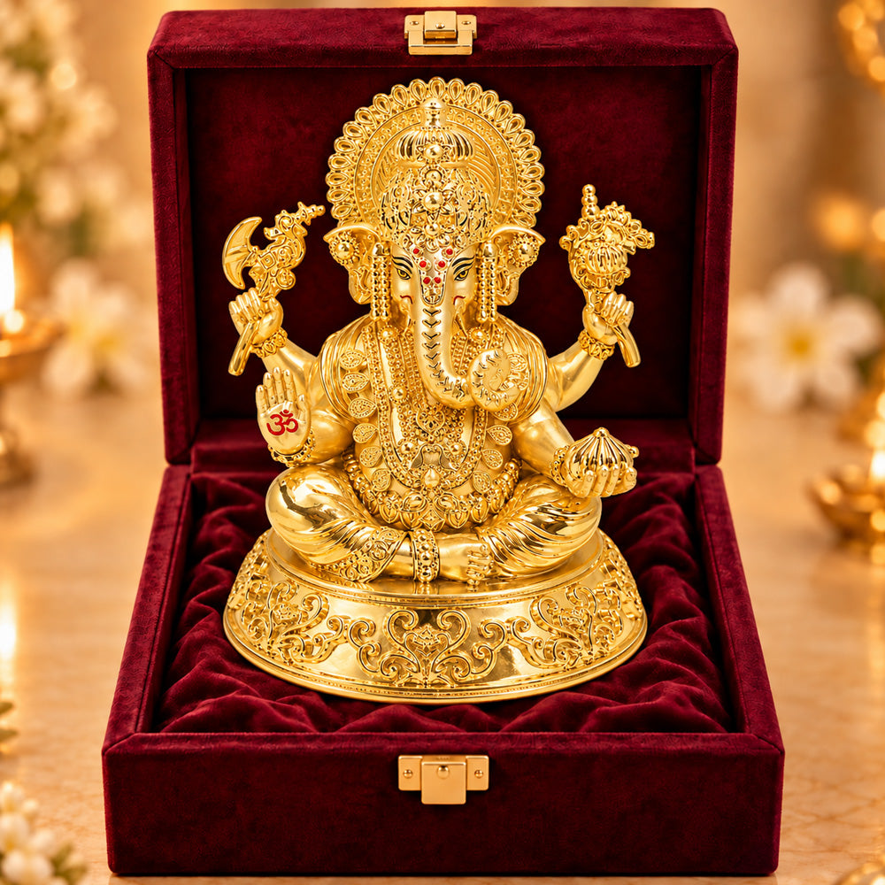24K Gold-Plated Lord Ganesha Idol | Premium Gift Box | 14.5x11.5 CM