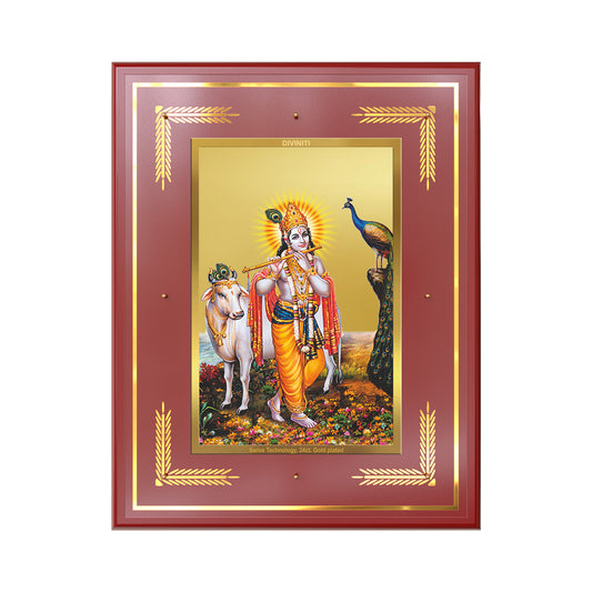 Lord Krishna with Surbhi Cow | Divine Wall Mount Photo Frame in 24K Gold Plated Foil