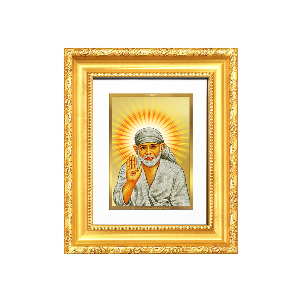 Diviniti 24K Gold Plated Sai Baba With Blessings |Divine Table Top Frame for Home Mandir & Office Decor | Luxury Spiritual Gift