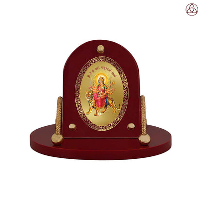 Durga Mata with Mantra | Divine Sherawali 24K Gold Plated Photo Frame for Car Dashboard, Home Décor & Tabletop | Blessings of Power, Protection & Courage