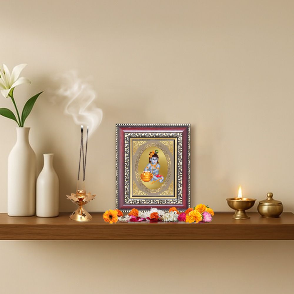 Bal Gopal (Baby Krishna) Divine Laddu Gopal Sacred Spiritual Royal Tabletop Frame in 24K Gold Plated Foil