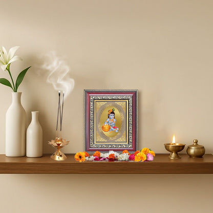 Bal Gopal (Baby Krishna) Divine Laddu Gopal Sacred Spiritual Royal Tabletop Frame in 24K Gold Plated Foil