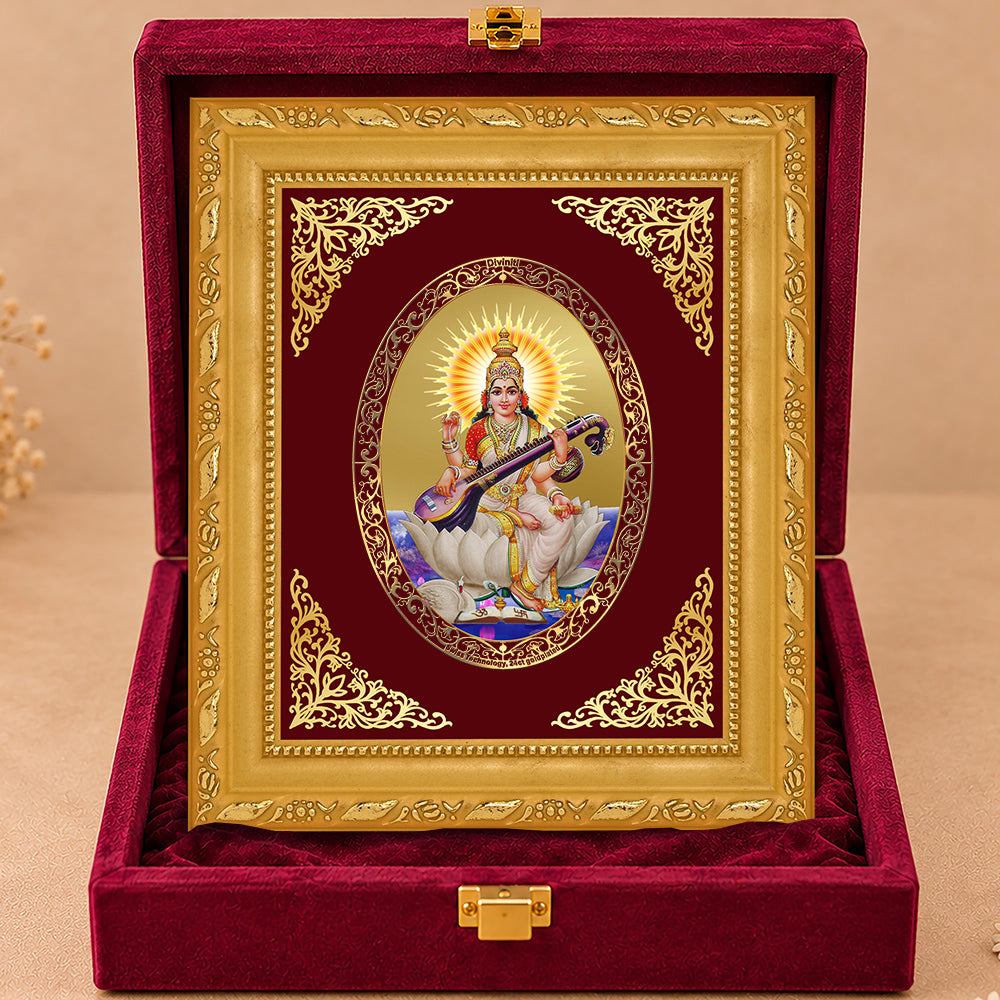 24K Gold-Plated Goddess Saraswati Frame | Premium Gift Box | 16x13.5 CM