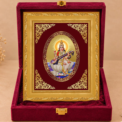 24K Gold-Plated Goddess Saraswati Frame | Premium Gift Box | 16x13.5 CM