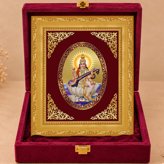 24K Gold-Plated Goddess Saraswati Frame | Premium Gift Box | 16x13.5 CM