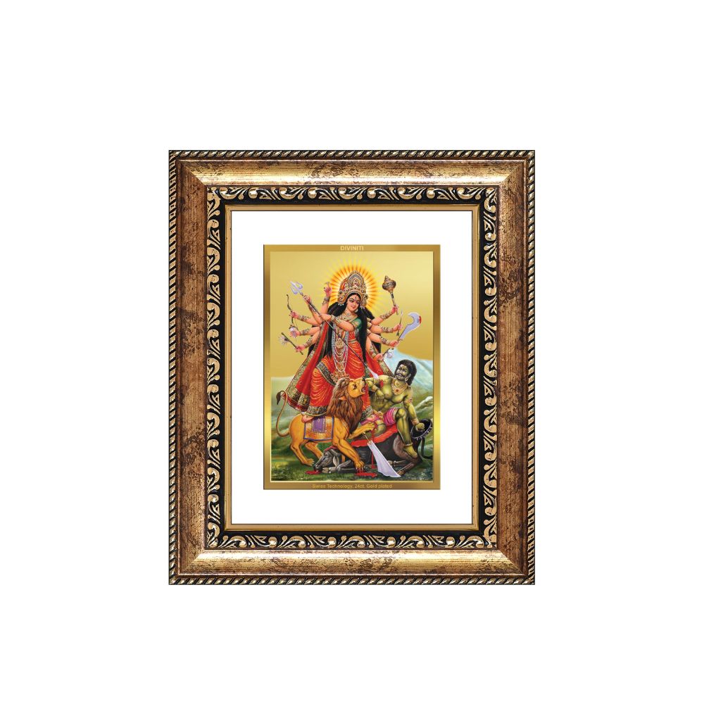 Diviniti 24K Gold Plated Durga - Mahishasura Mardini Divine Table Top Frame for Home Mandir & Office Decor | Luxury Spiritual Gift