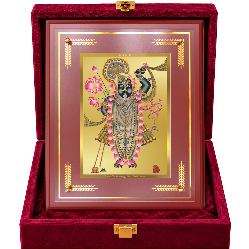 24K Gold-Plated Lord Shrinath Ji MDF Frame | Premium Gift Box | 27x35 CM
