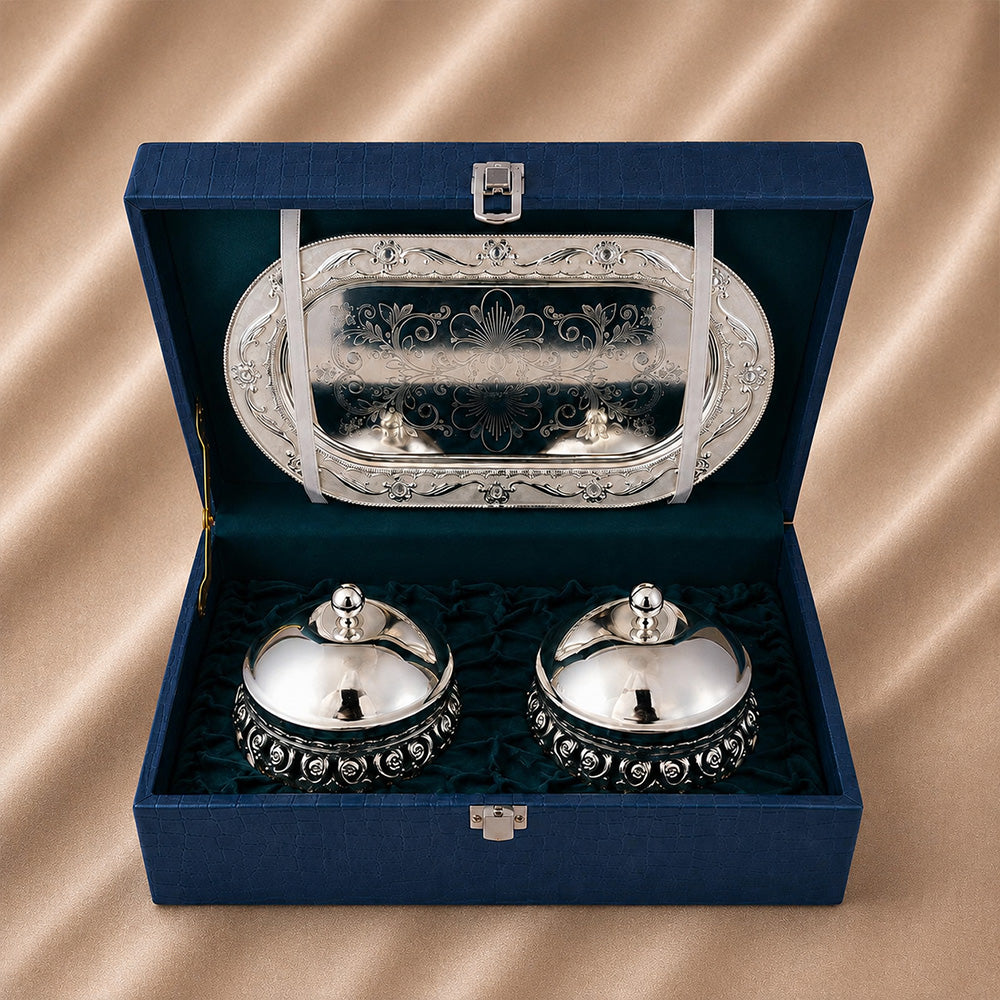 Diviniti Luxury Silver-Plated Double Bowl Serving Set | Elegant White Design with Lids & Decorative Tray