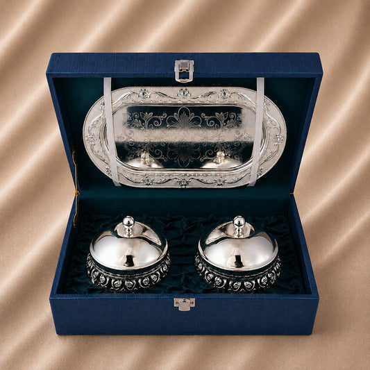 Diviniti Luxury Silver-Plated Double Bowl Serving Set | Elegant White Design with Lids & Decorative Tray