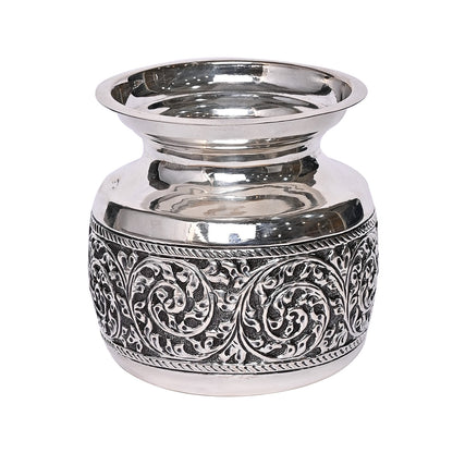 Pure Silver Kalash Lota Vintage Ritual Urn, Sacred Pooja Essential, Handcrafted Temple Art (8.5x6.5x9.5 cm, 196g)