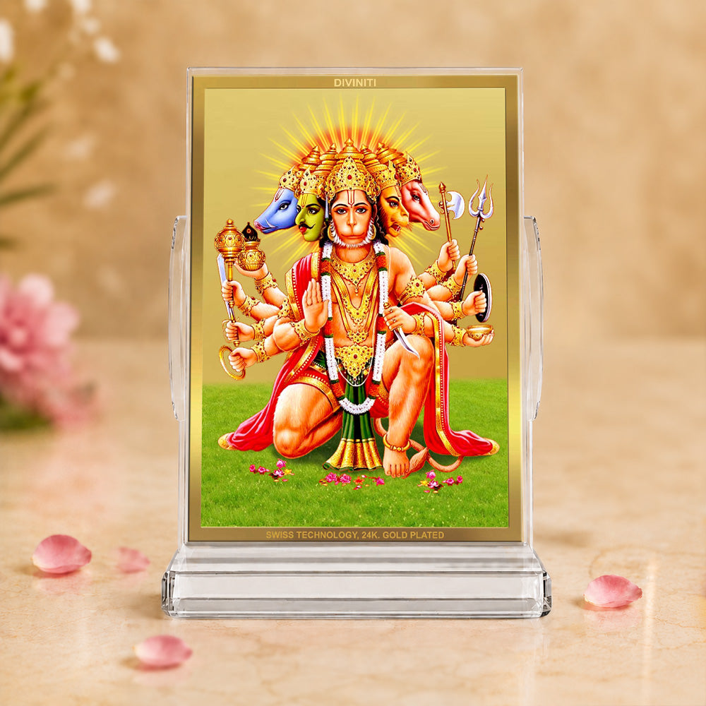 24K Gold-Plated Panchmukhi Hanuman Acrylic Car Dashboard Frame | 11x7 CM