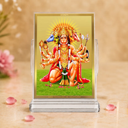 24K Gold-Plated Panchmukhi Hanuman Acrylic Car Dashboard Frame | 11x7 CM