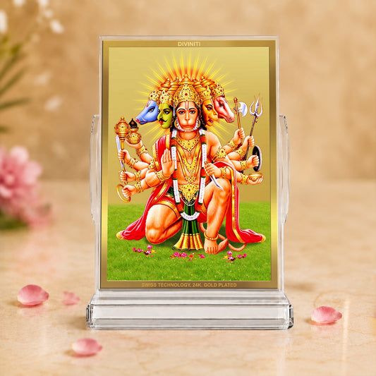 24K Gold-Plated Panchmukhi Hanuman Acrylic Car Dashboard Frame | 11x7 CM