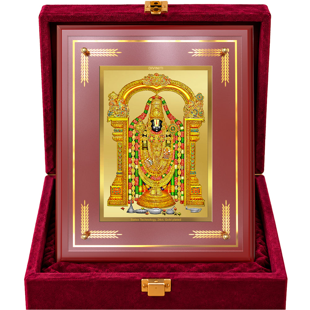 24K Gold-Plated Lord Tirupati Balaji MDF Frame | Premium Gift Box | 27x35 CM
