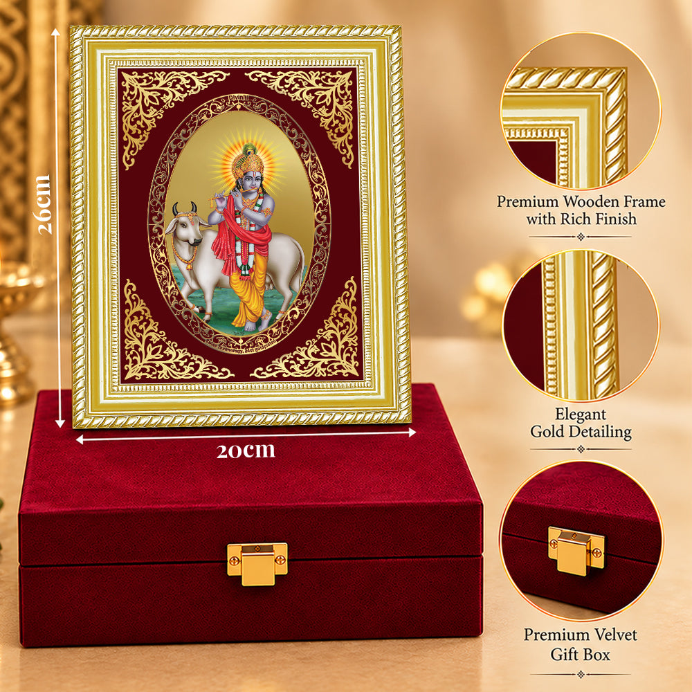 24K Gold-Plated Krishna with Surbhi Cow Frame | Premium Gift Box | 26x20 CM