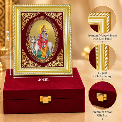 24K Gold-Plated Krishna with Surbhi Cow Frame | Premium Gift Box | 26x20 CM