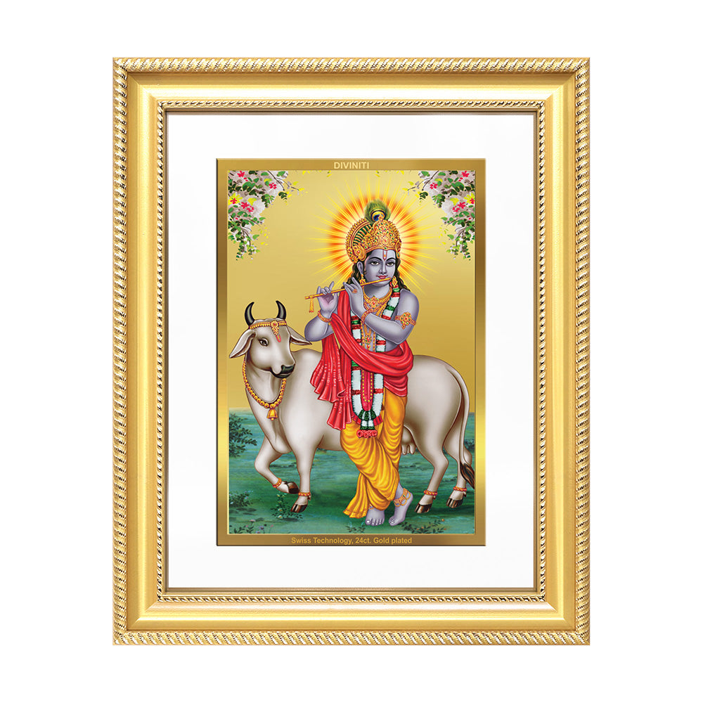 Diviniti 24K Gold Plated Krishna With Surbhi Cow (Classic) Divine Wall Frame for Home Mandir & Office Decor | Luxury Spiritual Gift