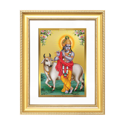 Diviniti 24K Gold Plated Krishna With Surbhi Cow (Classic) Divine Wall Frame for Home Mandir & Office Decor | Luxury Spiritual Gift