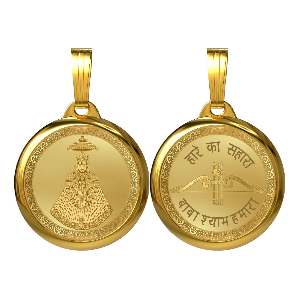 Diviniti 24K Gold Plated Khatu Shyam Ji & Sacred Mantra Pendant – 18mm Double-Sided Spiritual Pendant