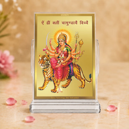24K Gold-Plated Durga Ji Acrylic Car Dashboard Frame | 11x7 CM