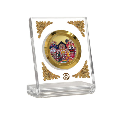 Jagannath Subhadra Balabhadra Diviniti Premium Gold on Gold 24K gold plated car dashboard frame in a clear display.