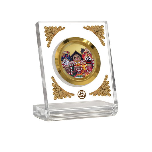 Jagannath Subhadra Balabhadra Diviniti Premium Gold on Gold 24K gold plated car dashboard frame in a clear display.
