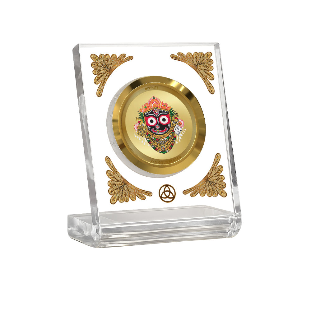 Jagannath Diviniti Premium Gold on Gold 24K gold plated car dashboard frame in a clear display.