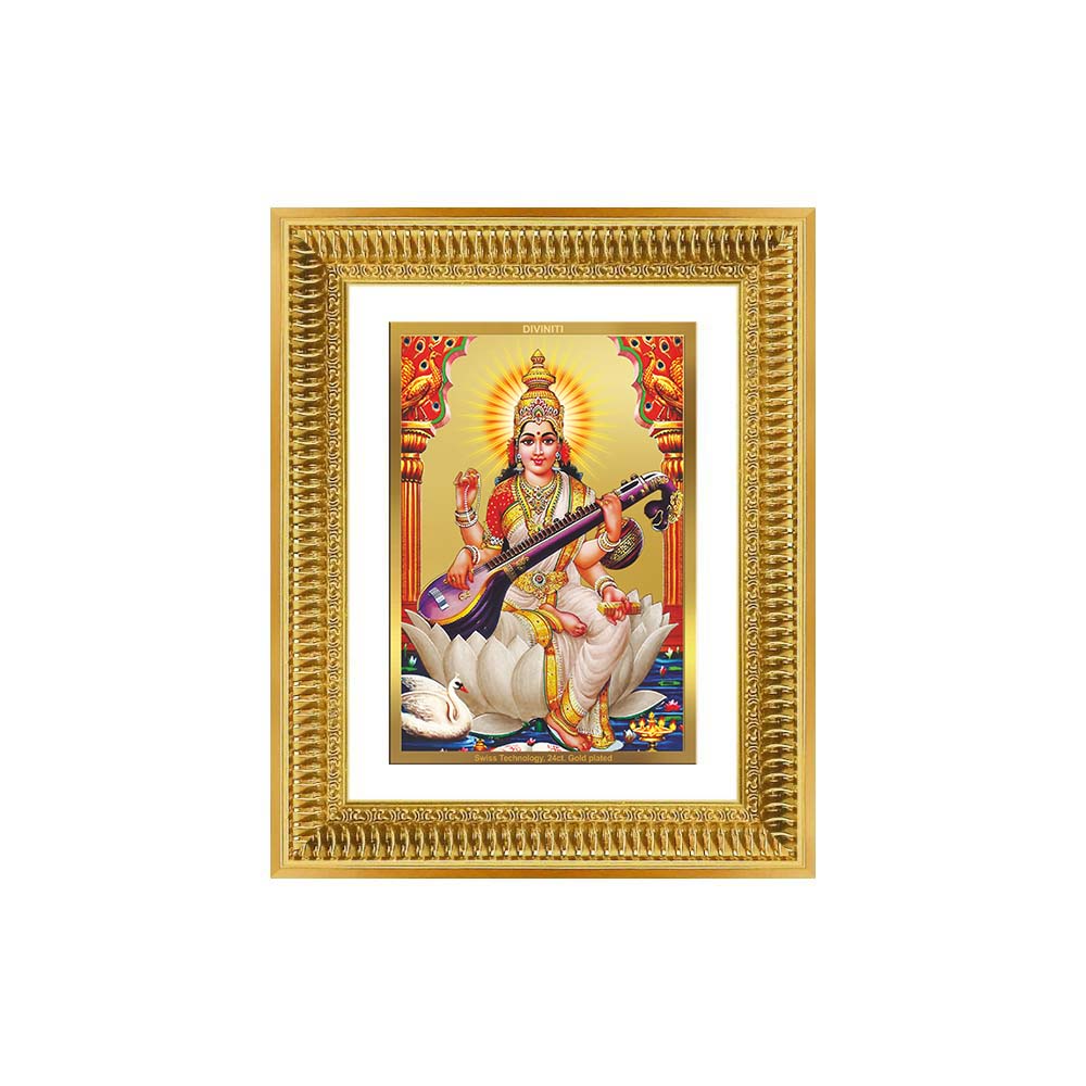 Diviniti 24K Gold Plated Saraswati Mata (Classic) Divine Wall Frame for Home Mandir & Office Decor | Luxury Spiritual Gift