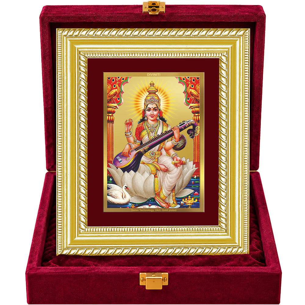 24K Gold-Plated Goddess Saraswati Frame | Premium Gift Box | 21.5x17.5 CM