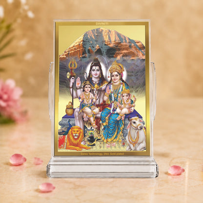 24K Gold-Plated Shiv Parivar Acrylic Car Dashboard Frame | 11x7 CM
