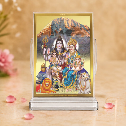 24K Gold-Plated Shiv Parivar Acrylic Car Dashboard Frame | 11x7 CM